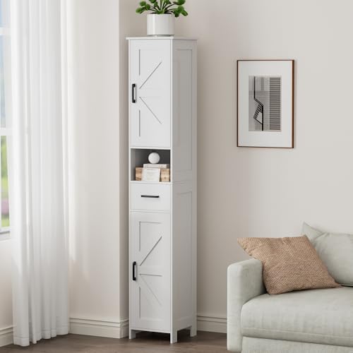 Homhedy 67-Inch Tall Bathroom Storage Cabinet - White, Reversible Doors & Adjustable Shelves