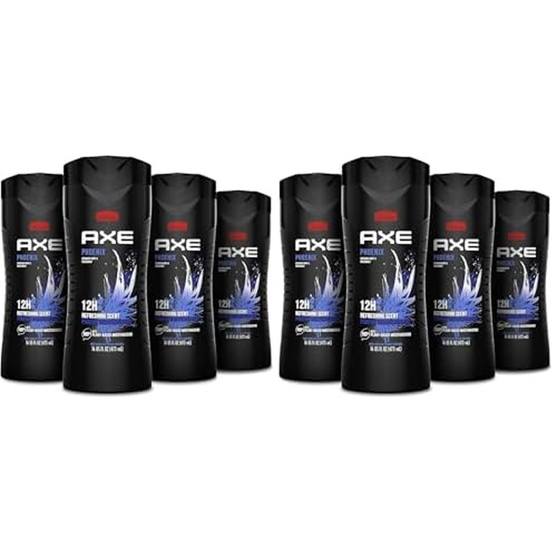 AXE Body Wash Phoenix 12h Refreshing Scent Crushed Mint & Rosemary Men's Body Wash with 100% Plant-Based Moisturizers 16 oz,(Pack of 8)