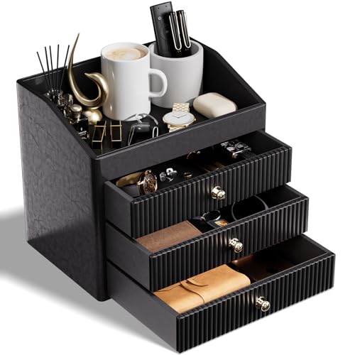 Black Vegan Leather Desk Organizer with 4 Layers and Tray - LADSTAG