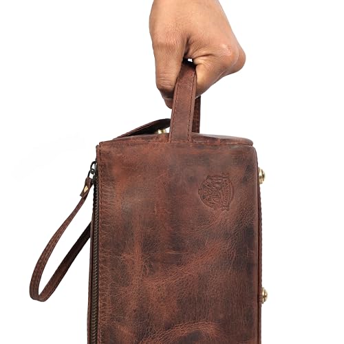 Dark Brown Full Grain Leather Men’s Travel Toiletry Bag with Dual Compartments