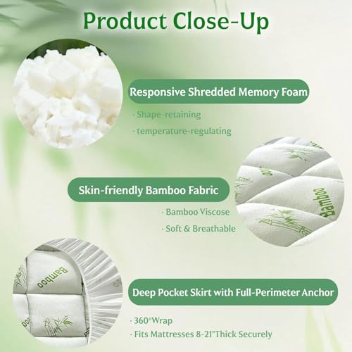 Twin XL Mattress Topper with Memory Foam, Cooling Bamboo Cover & Pressure Relief