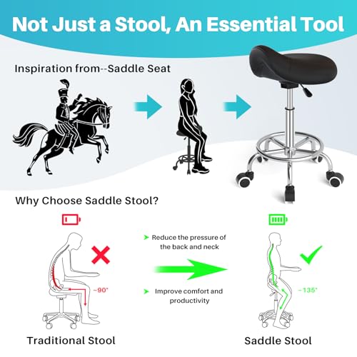 YEEZEE Saddle Stool Ergonomic- Comfortable Rolling Saddle Stool with Wide Thick Saddle Seat Padding, Swivel Adjustable Saddle Chair with Wheels and Ring Pedal for Medical Massage Salon (Dark Black)