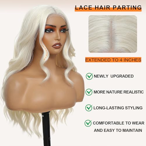 Platinum Blonde Wig for Women, 4x1 Lace Hairline Long Wavy Middle Part Heat Resistant Synthetic Wigs for Daily Party - 24 Inch