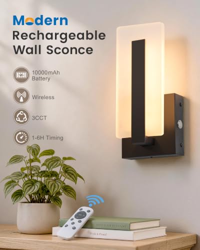 Black Rechargeable Wall Sconce Set of 2 - 10.2 Inch Wireless Dimmable LED Lights with Remote