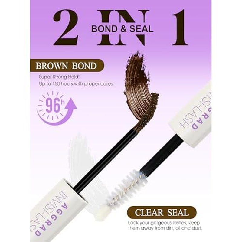 Brown Lash Cluster Glue Bond and Seal Waterproof 150H Super Strong Hold Long-Lasting for Eyelash Clusters Extensions Kit DIY Self Adhesive 2 in 1 Individual Lash Glue Brown Bonder & Clear Sealant