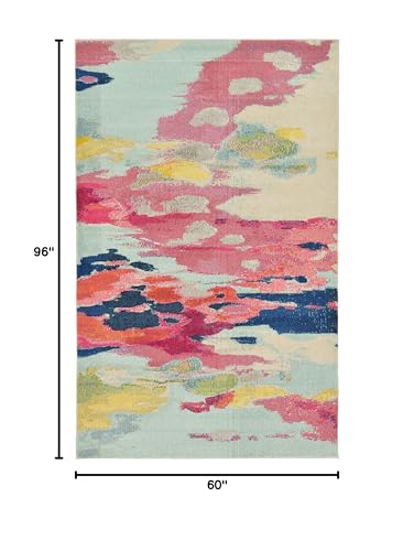 Rectangular Pink Ivory Abstract Area Rug - 5' x 8' Modern Vibrant Carpet