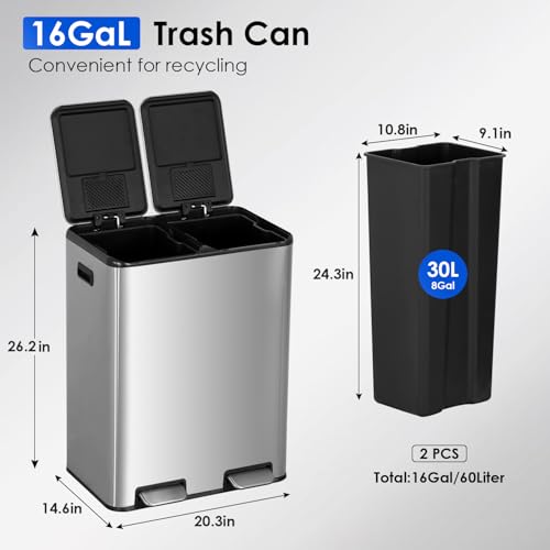 Stainless Steel Trash Can with Lid 16G (2x8G) - Fingerprint-Proof, Quiet Close, Odor Control - Variation: Stainless Steel / 8G x 2