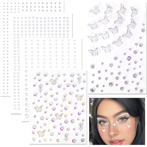 Butterfly Face Hair Gems, Self-Adhesive Eye Jewels, Sparkly Crystal Stickers for Fairy Makeup, Stick on Gems Rhinestones Stickers, Rave Accessories for Body, Nail, Crafts (Clear&Butterfly)