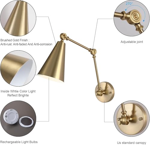 Gold Battery Operated Swing Arm Wall Sconce Set of 2 - Dimmable, Remote Control, Rechargeable Indoor Light with 3 Color Options