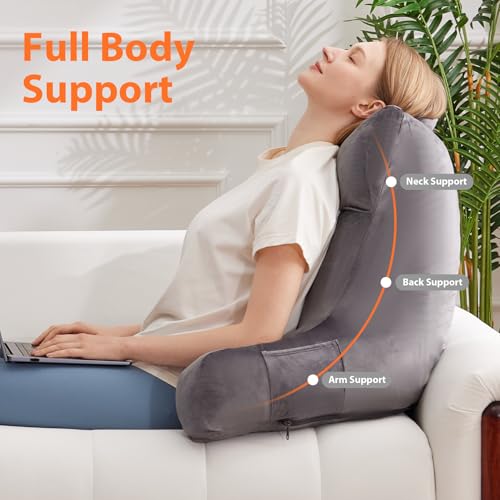 IPYNBAP Reading Pillow for Bed - 24 Inch Grey Backrest Support with Arms & Storage - Large