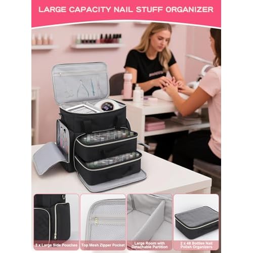 Nail Polish Organizer Case Holds 96 Bottles (15ml/0.5 fl.oz) and a Nail Dryer,Gel Polish Case Bag with 2 Removable Pouches,Nail Supplies Organizer for Nail Technicians & DIY Manicure Lovers,Black