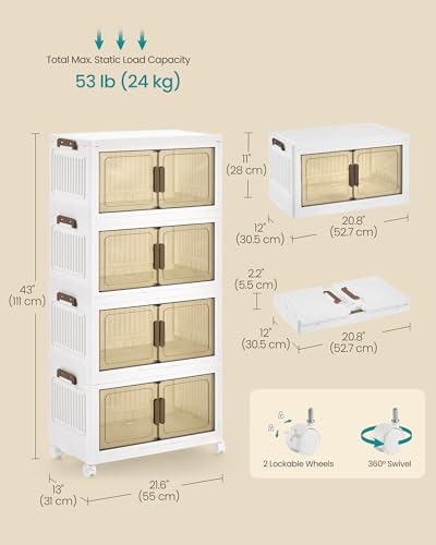 SONGMICS 48QT Stackable Storage Bins with Lid - White, 4-Tier Foldable Organizer