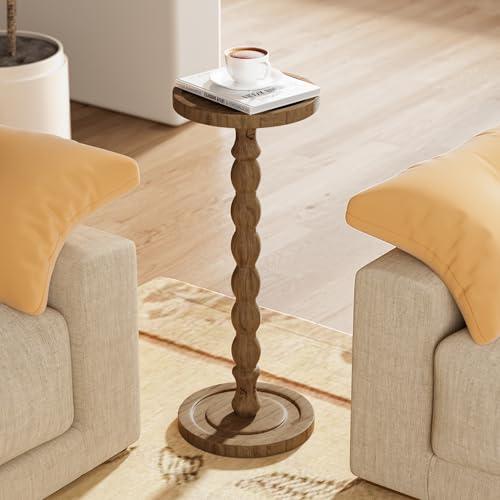 Small Round Side Table 2 Pack - Rubberwood Drink Table for Small Spaces, 9.4"W x 23.8"H - Brown Variation