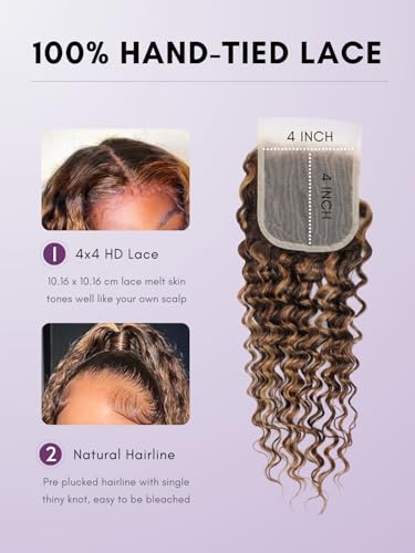 Honey Blonde Deep Wave Closure 12 Inch Human Hair 4x4 HD Lace Pre Plucked Ombre Brown