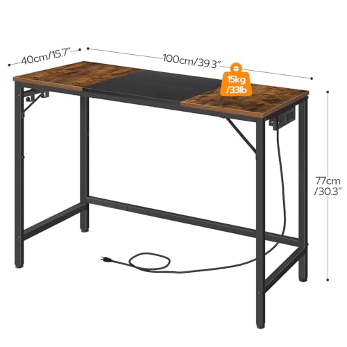 Small Computer Desk with Power Outlet & USB Ports - Rustic Brown + Black, 39.3W x 15.7D x 30.3H, Easy Assembly