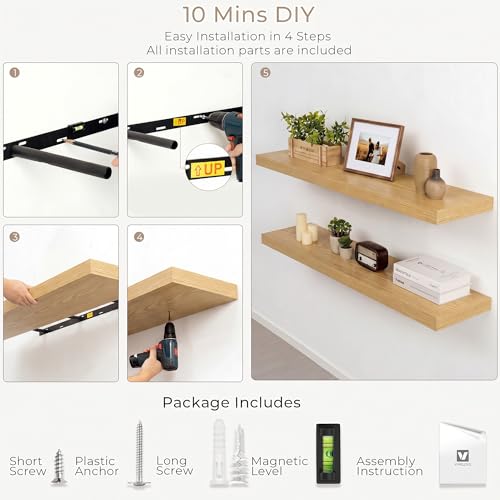 Vivelove Oak Floating Shelves Set of 2 - 40 x 8 Inch Wall Storage with Hidden Brackets