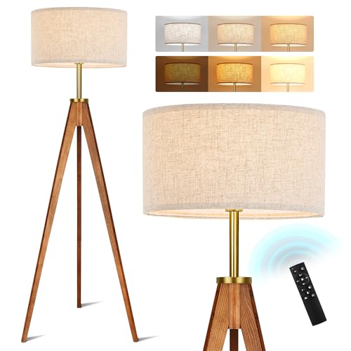 Ash Wood Brown Floor Lamp with Remote Control - Dimmable Tripod Standing Lamp for Living Room & Bedroom