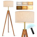 Ash Wood Brown Floor Lamp with Remote Control - Dimmable Tripod Standing Lamp for Living Room & Bedroom