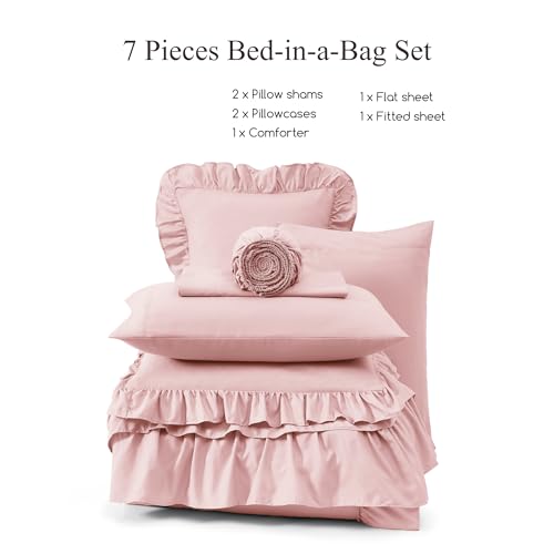 Full Size Pink Ruffle Comforter Set - Farmhouse Bed in a Bag, 7 Pieces, Soft & Cozy - Variation: Soft Pink / Full