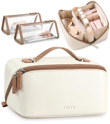 Travel Makeup Bag Set with Waterproof Vegan Leather & Extra Pouches - Classic Beige