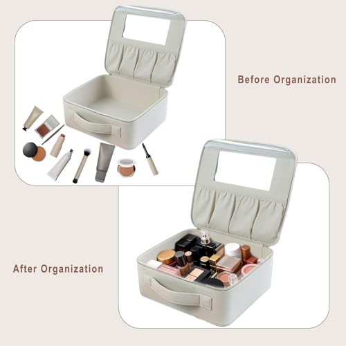 Hard Shell Makeup Brush Bag with Mirror & Dust-Proof Film, Professional Cosmetic Organizer Case, Large Capacity Travel Toiletry Bag for Women