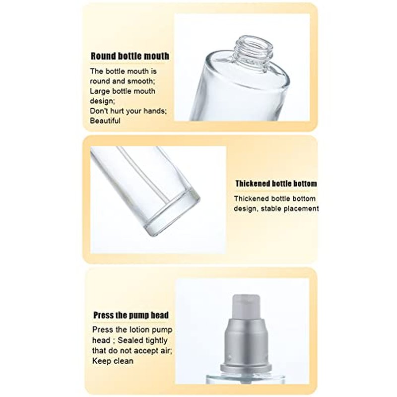 3PCS 30ml/1oz Empty Refillable Clear Frosted Glass Cosmetic Lotion Bottle Travel Toiletries Container Pump Dispenser Vials Pot Jars for Cream Foundation Emulsion Essencial Oil (Pack of 2)
