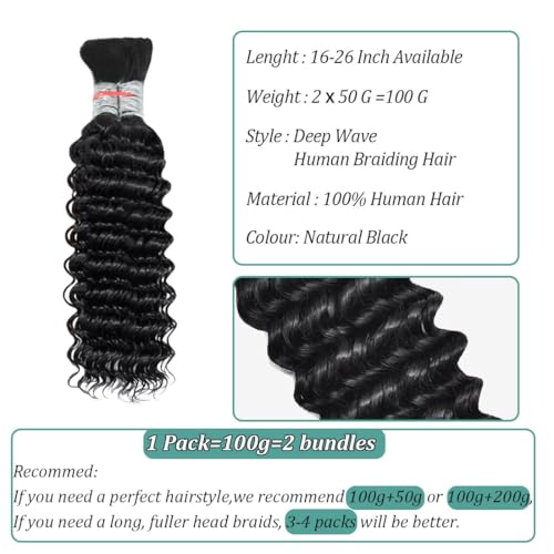 Natural Black Deep Wave Human Hair Braiding Extensions 16 Inch - Boho Braid Hair