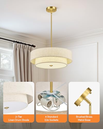 Modern Drum Chandelier - 18 Inch Linen Pendant Light with Brushed Gold Finish - 4-Light