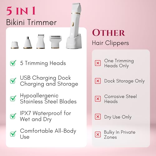 5-in-1 Bikini Trimmer Electric Razors with USB Cord, Excellent Facial Hair Elimination, Wet/Dry Body Shaver for Nose, Eyebrows, Beard, Leg, and Arm, IPX7 Waterproof (White)