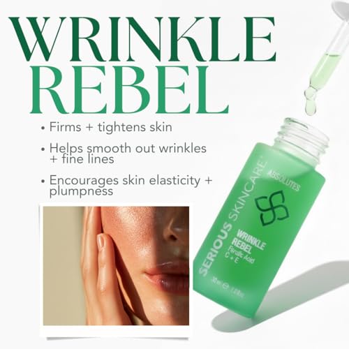Serious Skincare Vitamin C Face Serum with Ferulic Acid, Bakuchiol, Vitamin E, B5, Absolutes Wrinkle Rebel Anti-Aging Face Serum for Fine Lines, Wrinkles and Dark Spots, 1 oz.