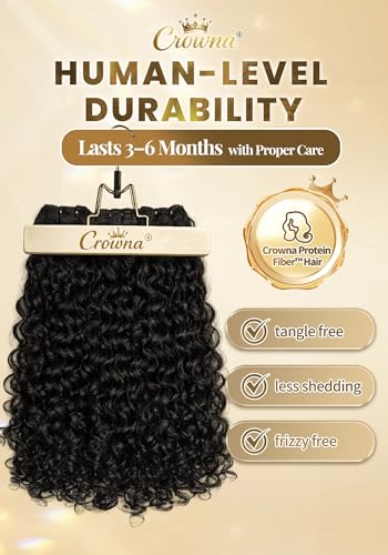 CROWNA Burmese Curly Hair Bundles 18-22 Inch Natural Black, Reusable Protein Fiber Extensions