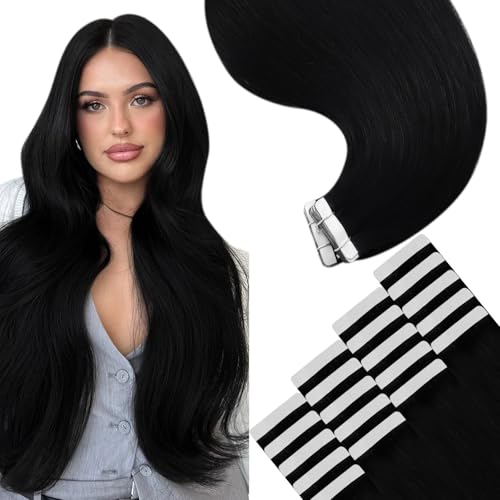 YoungSee 26 Inch Tape-In Human Hair Extensions Black Long Straight Pack of 1 - 20 Pieces