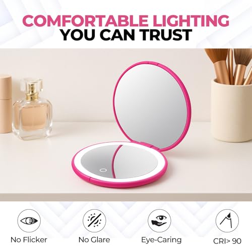 Cyn Care Hot Pink LED Travel Makeup Mirror with 1X/5X Magnification, 3 Light Modes & USB Rechargeable