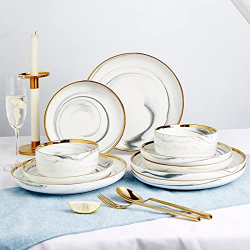 Pokini Marble Gold Rim Dinnerware Sets - Sage Green Porcelain Plates & Bowls