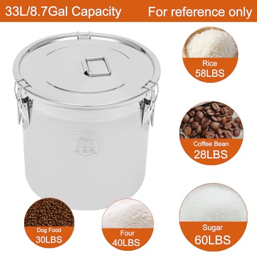 33L Stainless Steel Storage Bucket with Airtight Lid - Food Grade, Leakproof