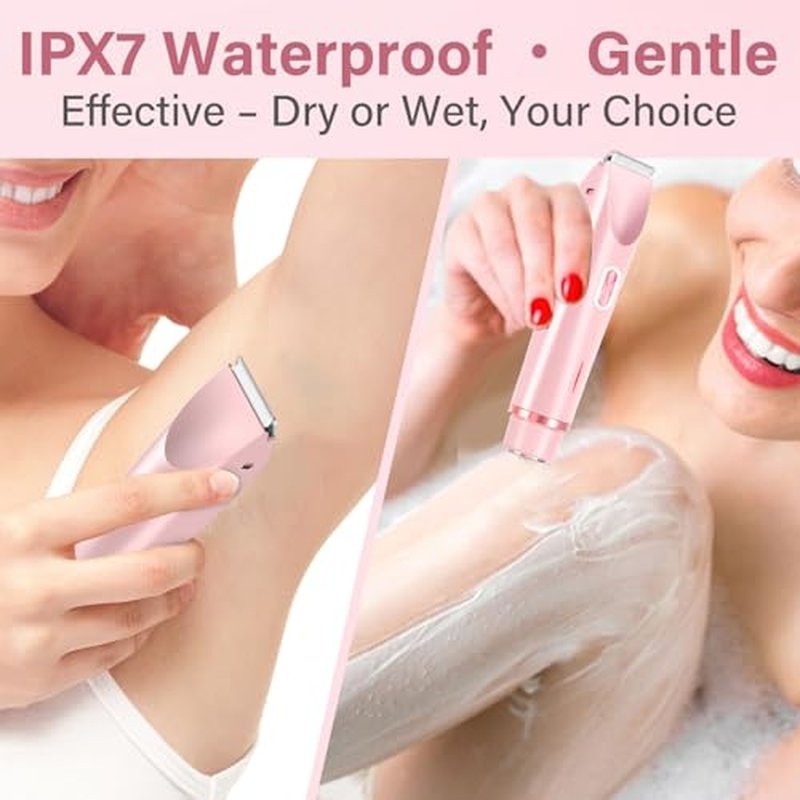 2-in-1 Women's Electric Razor & Bikini Trimmer - Painless Smooth Shave & Gentle Pubic Hair Removal - Dual Ceramic Blades, IPX7 Shower-Proof - Cordless for Sensitive Skin