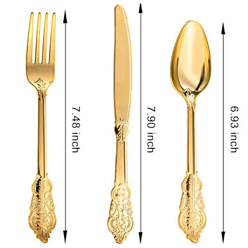 N9R 300PCS Gold Plastic Silverware Set - Vintage Disposable Utensils for Parties
