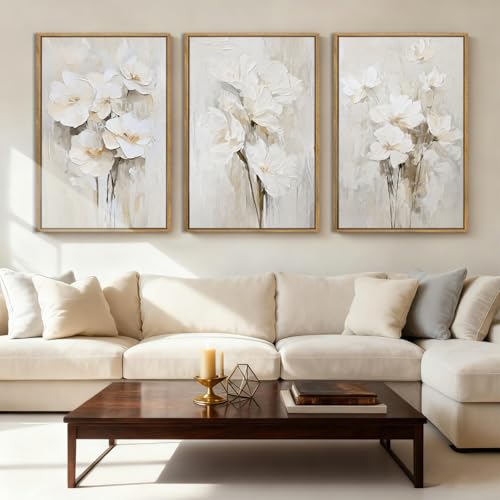 Neutral Floral Wall Art Set of 3 - 16x24 Inch Canvas Wall Decor for Living Room & Bedroom - Variation: 24L x 16W