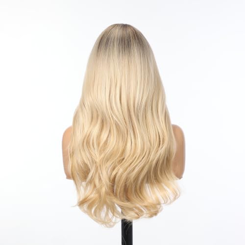 Rooted Honey Blonde Wig with Bangs - 24 inch Wavy Voluminous High Crown Style for Women, Realistic Scalp, Easy Shake & Wear, SHINEDIARY