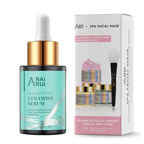ANAI RUI SPA Mask Kit,Turmeric Vitamin C Mask,Rose Facial Mask-Avocado Green Tea Mud Mask+Ceramide Skin Barrier Serum,Skin Barrier Repair