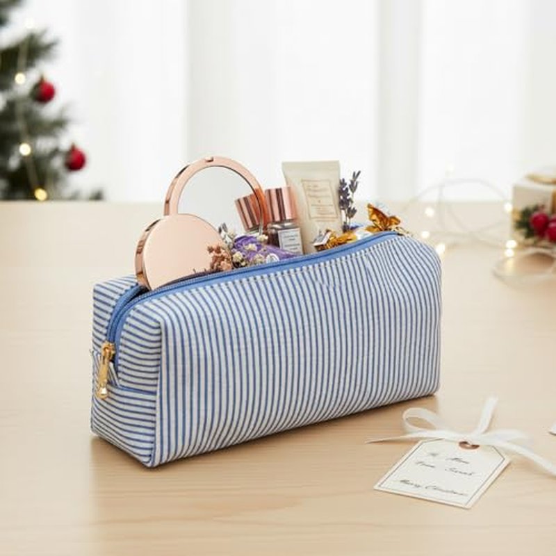 24 PACK Makeup Bags Bulk-Easter Gifts/Seersucker Bulk Cosmetic Bags/Bridesmaid Proposal Gifts/Makeup Pouch for Wedding Party Favors Birthday/Teacher/Mothers Day Gifts/Toiletry Travel Bags(24, Blue)