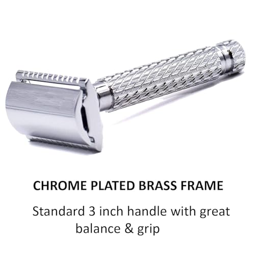 Safety Razor with Chrome Brass Handle & 5 Blades - Traditional Wet Shaving