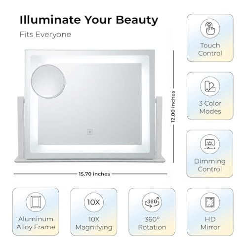 White 12x16 Inch Lighted Vanity Mirror with 360° Rotation - Makeup & Grooming