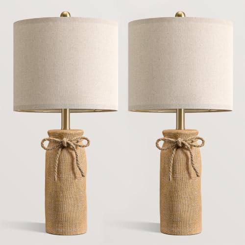 BOBOMOMO Burlap Beige 25.5" Boho Resin Woven Table Lamps Set of 2 for Bedroom & Living Room