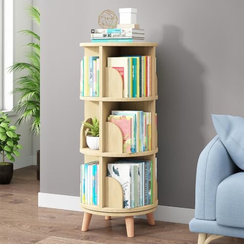 3 Tier Rotating Bookshelf - Wooden Round Floor Standing Bookcase with Legs