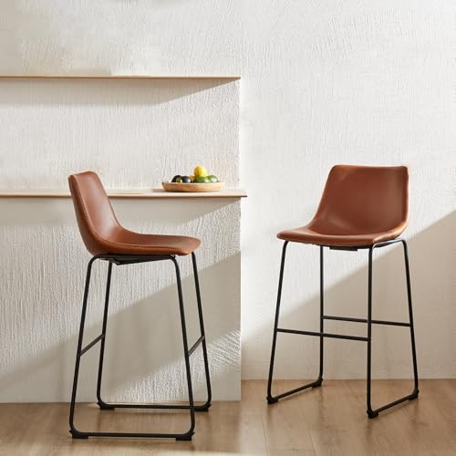 Counter Height Bar Stools Set of 2 - Warm Brown Faux Leather & Metal