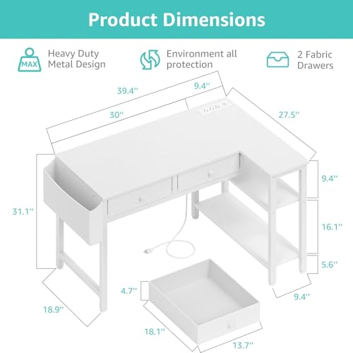 DLisiting White 39.4-Inch L-Shaped Corner Desk with Drawers & Shelves