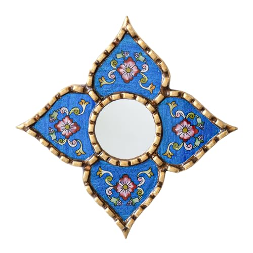 Peruvian Painted Glass Mirror with Bronze Leaf Framed - Handmade Diamond Mirror 6in for Gallery Wall (Blue)