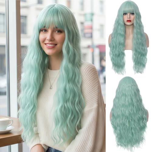 Women's Bangs Mint Green Wig 27 Inches Long Curly Wavy Hair Heat