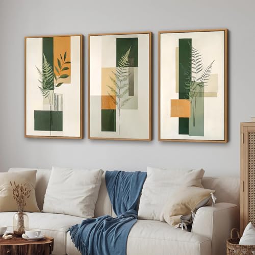 Green Fern Leaf Canvas Wall Art - Boho Botanical Decor for Living Room & Bedroom - 24x16 Inches - Rustic Minimalist Artwork
